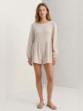 NWT Lumiere Cotton Long Sleeve Romper Relaxed Fit Oatmeal Color